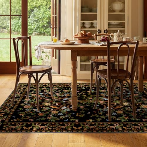 Black Area Rug 4x6.5, Machine Washable Non-Slip Rug, Boho Floral Botanical Soft Low Pile Small Throw Rug for Bedroom, Dining Room - color: Black, size: 6'6" x 4' (Rectangular)