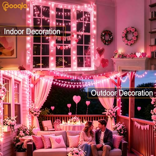Pooqla 2 Pack String Lights Battery Operated, Total 66.6ft 200 LED Fairy Lights Indoor Outdoor Decorations, 8 Modes Pink Battery Lights for Wedding Valentine's Day Bedroom Porch Party Yard Decor - color: Pink, size: 100 LED x2