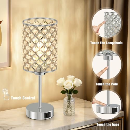 GyroVu Crystal Touch Table Lamp for Bedroom, Silver Desk Lamp with USB-C & USB-A Ports, Dimmable Modern Bedside Lamp for Nightstand, Living Room & Home Office - LED Bulb Included - color: Silver-1, size: 14.75"