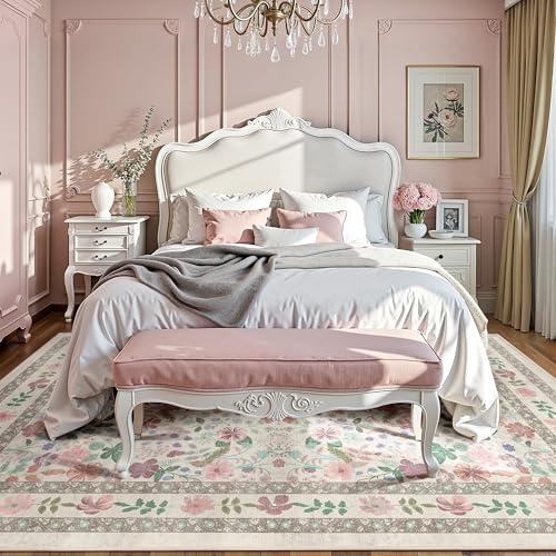 Deerly Floral Area Rugs 5x7 Vintage Boho Washable Non-Slip Living Room Carpet Soft Low Pile Thin Bedroom Floor Mat Indoor for Dining Room Playroom Nursery Farmhouse, Beige/Light Pink/Multi - color: Beige/Light Pink/Multi, size: 5' x 7' (Rectangular)