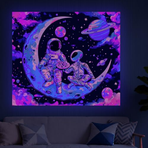 CRAFTYMELODY Astronaut Alien Blacklight Tapestry Glow in the Dark Tapestry UV Reactive Funny Universe Wall Hanging 59×51 Inch with Hook Self Adhesive Sticker Clip for Bedroom Home Wall Decoration - color: Astronaut