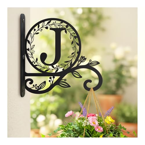 Metal Initial Letter J Plant Hanger Bracket, Decorative Wall Mount Hanging Plant Hook, Monogram Floral Leaf Garden Decor for Hanging Baskets, Bird Feeders, Lanterns, Wind Chimes - style: J