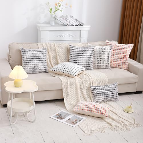 LUOYEHK Boho Throw Pillow Covers 16x16 Inch Set of 2 Chenille Tufted Pillowcase Farmhouse Neutral Cushion Covers for Couch Sofa Bed Living Room, Brown White - color: Brown White, size: 16" x 16" (Pack of 2)