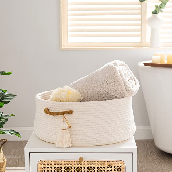 KAKAMAY Woven Baskets for Storage(16"x8"),Blanket Basket for Organizing Living Room,Cotton Rope Basket Woven Baby Laundry Hamper,Collapsible Laundry Room Organization,Clothes,Toy Chest(White) - color: White