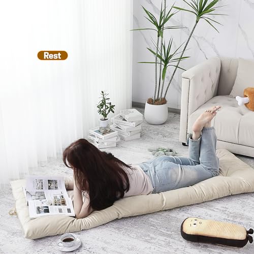 BALAPET Floor Lounger Pillow,Foldable Light Thick Tufted Floor Pillow Cushion with Elasticized Webbing for Easy Storage Floor Lounger for Meditation, Playing, Yoga, Reading, Sleeping(Beige White) - color: Beige White