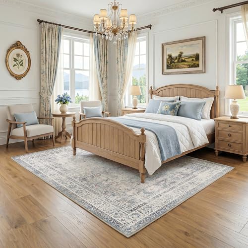 FMFUNCTEX 5x7 Washable Area Rug Blue Neutral Vintage Distressed Oriental Large Non Slip Carpet for Living Room Bedroom Traditional Retro Soft Low Pile Indoor Rugs for Dining Room Office Nursery - color: Blue, size: 5' x 7' (Rectangular)