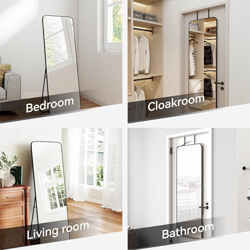 SCWF-GZ 57x20 Full Length Mirror Over The Door Hanging, Floor Stand/Wall Mounted Aluminum Alloy Frame Dressing Mirror for Bedroom Living Room 57 inch Black - color: Black, size: 57"L x 20"W