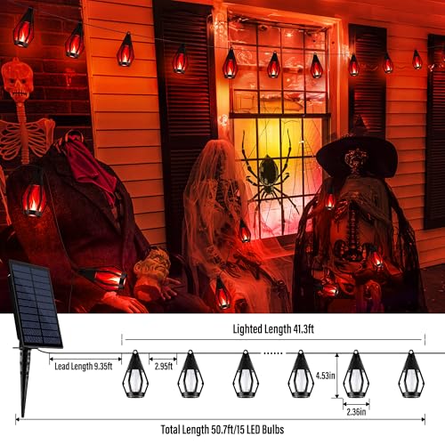 iBaycon Solar Halloween Lights, 42Ft 15 LED Bulbs Flickering Flame String Light, Outdoor Waterproof Solar Flame Lights for Garden Yard Patio Halloween Decorations (Red) - color: Red, size: 42FT