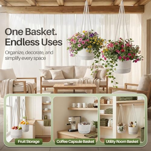 Flexzion Macrame Plant Hanger Basket for Indoor Plants - 8 Inch Jute Rope Planter Pot Cover, Woven Hanging Plant Holder Up to 7 Inch Pots, Boho Hanging Planters Home Decor Storage Organizer (White) - color: White, size: 8" x 6"