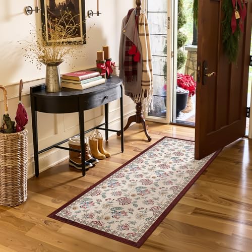 jinchan Elora 2x5 Floral Runner Rug for Hallway Washable Kitchen Runner Vintage Romance Design Non Slip Thin Indoor Floor Cover Low-Profile Throw Carpet for Entryway Bathroom Bedroom Porch, Red/Beige - color: Bloom Red/Beige, size: 2' x 5' (Light Weight)