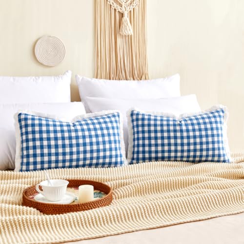 CARRIE HOME Modern Farmhouse Light Blue Gingham Lumbar Pillow Covers 12x20 Set of 2, 12 x 20 Blue Buffalo Plaid Throw Pillows with Ruffle Fringe, Summer Outdoor Checkered Plaid Lumbar Pillows - color: Lumbar Blue & White (With Tassels), size: 20" x 12" (P