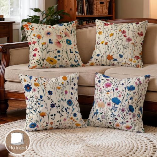 OBSEDE Dainty Botanical Floral Decorative Throw Pillow Covers, Set of 4 Minimalist Cushion Cases 18x18 Inch - color: Dainty Botanical