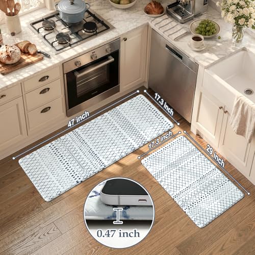 KIMODE Kitchen Mats 2PCS Cushioned Anti Fatigue Boho Kitchen Rugs and Mats Non Slip Waterproof Kitchen Mats for Floor Comfort Foam Standing Desk Mat for Home Office Sink Blue White Laundry Room Decor - color: Light Blue Diamond, size: 17.3" x 47 "+ 17.3"