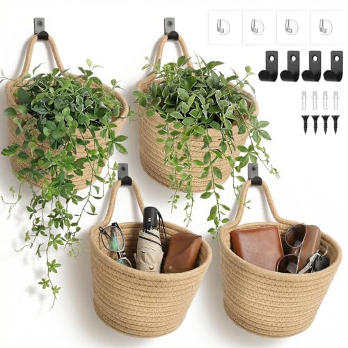 4 Pack Fabric Wall Hanging Baskets,Woven Storage Organizers Storage Organizers and Decoration Pocket Boho Style Wall Mounted Pouches for Organizing Fruits, Veggies, Snacks, Farmhouse