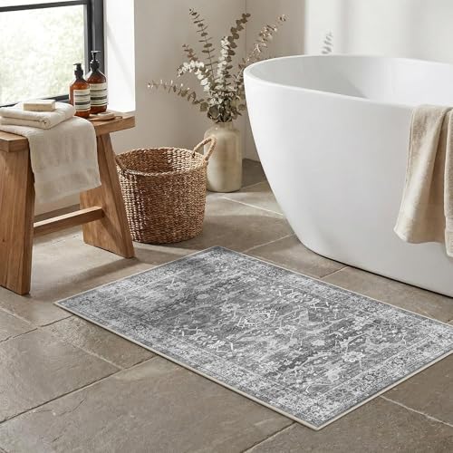 2x3 Entryway Rug Grey Washable Vintage Rugs for Entryway Kitchen Low Pile Non-Slip Door Mat Traditional Distressed Small Throw Rugs for Kitchen Entrance Bathroom - color: Grey, size: 2'*3'(Rectangular)