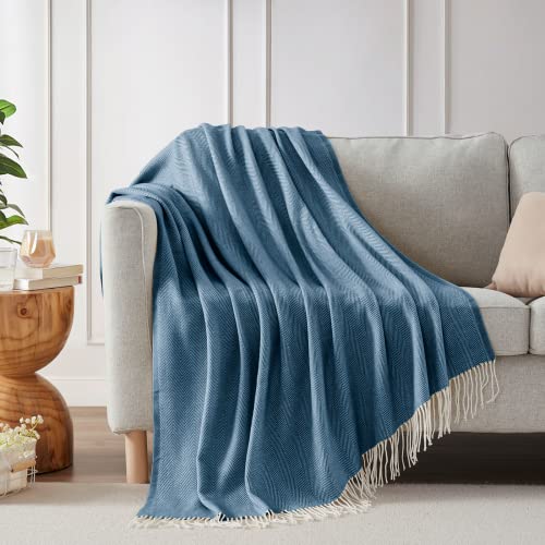 BOURINA Decorative Herringbone Faux Cashmere Fringe Throw Blanket Lightweight Soft Cozy for Bed or Sofa Farmhouse Outdoor Throw Blankets, 50" x 60", Navy - color: Navy, size: 50"x60"