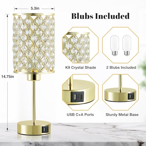 GyroVu Crystal Table Lamps Set of 2, Gold Touch Lamp for Nightstand with USB C+A Ports, Dimmable Small Bedside Lamp with Crystal Shade, End Table Desk Lamps for Bedroom, Living Room(Buld Included) - color: Gold-2, size: 14.75"