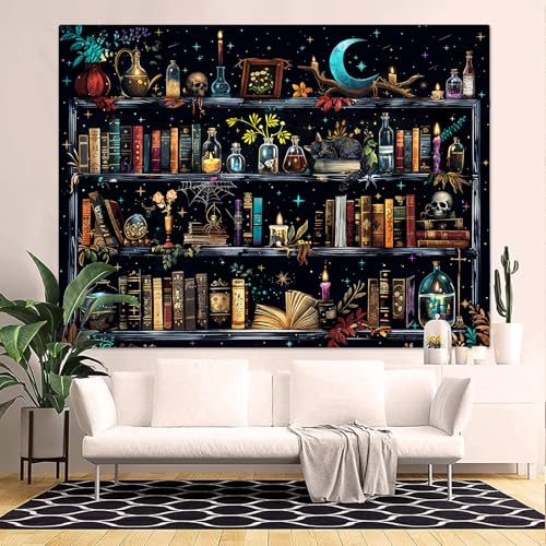 Accnicc Magic Bookshelf Tapestry Magical Witchy Potion Dark Hippie Haloween Tapestries Wall Hanging Gothic Skull Black Cat Library Book Tapestry for Bedroom Living Room Dorm 80 x 60 inch - color: Blue, size: 80"L x 60"W