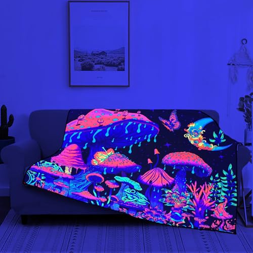 Blacklight Mushroom Throw Blankets Glow in the Dark Black Light Plant Throw Fantasy UV Reactive Mushroom Butterfly Moon Blanket Cute Throw for Bedroom Dorm Decor 59”x51” - color: Bl Mushroom Sky