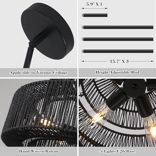 22" Black Boho Rattan Chandelier Light Fixture Hand Woven Farmhouse Pendant Lighting Rustic Boho Chandeliers for Dining Room Living Room Hallway Foyer 5 Lights - color: Black, size: 22 Inch