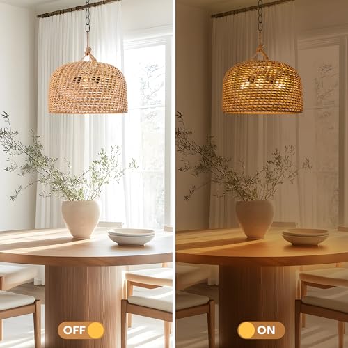 LamQee 18 Inch Rattan Farmhouse Chandelier, 3-Lights Boho Large Pendant Light with Dome Wicker Shade, Rustic Hand Woven Hanging Lighting Fixture for Dining Room, Kitchen Island, Entryway, Foyer - color: Natural