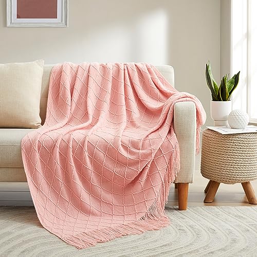 Acrylic Knitted Throw Blanket, Lightweight and Soft Cozy Decorative Woven Blanket with Tassels for Couch, Bed, Sofa, Travel, Suitable for All Seasons, 50 x 60 Inches, Baby Pink - color: Baby Pink