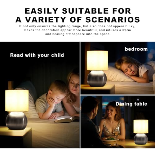Modern Silvery Small Table Lamp with Cotton Linen Shade, 6.2×6.2×10.4 inch LED Desk Light, One-Button Switch for Bedroom, Living Room, Nightstand, Includes Warm Light Bulb - color: Silvery, size: Pack of 1
