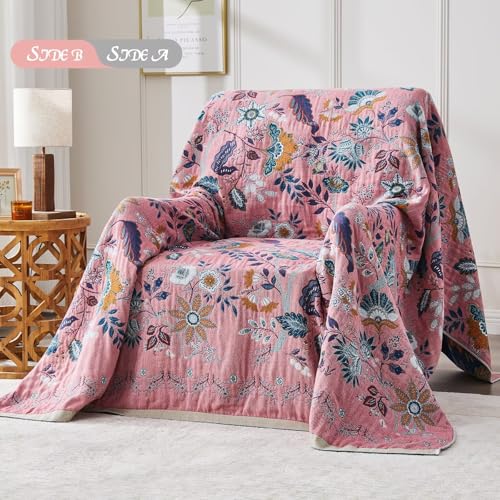 Boho Blanket Soft Muslin BohoThrow Blanket, 100% Cotton Floral Printed Farmhouse Decor All Season Reversible Rustic Throw for Sofa Couch Chair (Blue, 50"x60") - color: Blue, size: 50"x60"