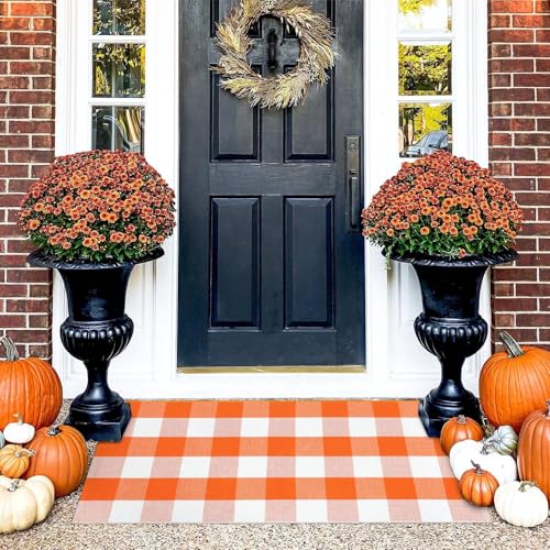 KIMODE Fall Door Mat Outdoor Orange and White 24"x51",Halloween Doormat,Washable Cotton Buffalo Plaid Check Front Door Rug for Layering Rugs,Halloween Porch Decorations,Entryway,Farmhouse - color: Orange/White, size: 2' x 4'3" (Rectangular)