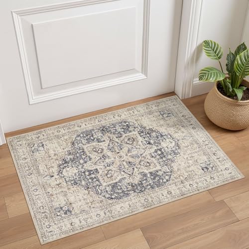Tortania Area Rug 2x3 Doormat - Washable Vintage Oriental Farmhouse Soft Thin Indoor Carpet for Living Room Bedroom Hallway Entryway Kitchen - Cream/Blue - color: Cream/Blue, size: 2' x 3' (Rectangular)