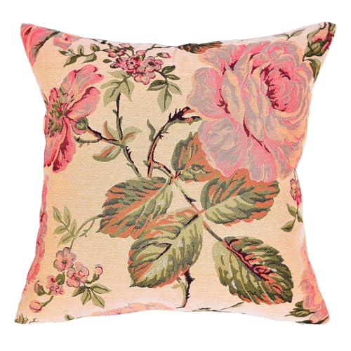 18x18 Tapestry Pillow Cover, Jacquard Woven Vintage French Country Floral Roses on Beige, Decorative Throw Pillow Sham for Couch, Victorian Accent Cushion Case (Cream Beige & Garden Rose) - color: Cream Beige & Garden Rose