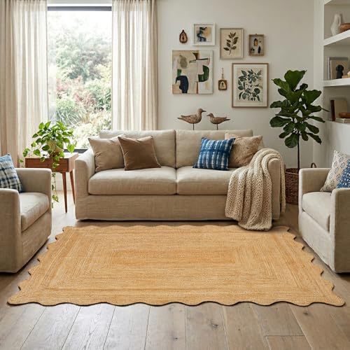 GRUHUM Wave Scallop Natural Jute Area Rug 9'x12' ft Handwoven Boho Reversible Rustic Vintage Farmhouse Soft Braided EcoFriendly Rug - Indoor Livingroom Bedroom Hallways Entryway 9x12 ft Large - color: Natural-64, size: 9' x 12' (Rectangular)