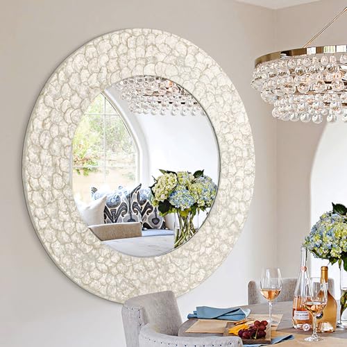 Large Capiz Shell Coastal Mirror, 42'' Round Mirror with Natural Capiz Seashell Frame, Decorative Circle Mirrors for Living Room Dining Room Bathroom Mantel Entryway - color: Cream-white, size: 42"L x 42"W