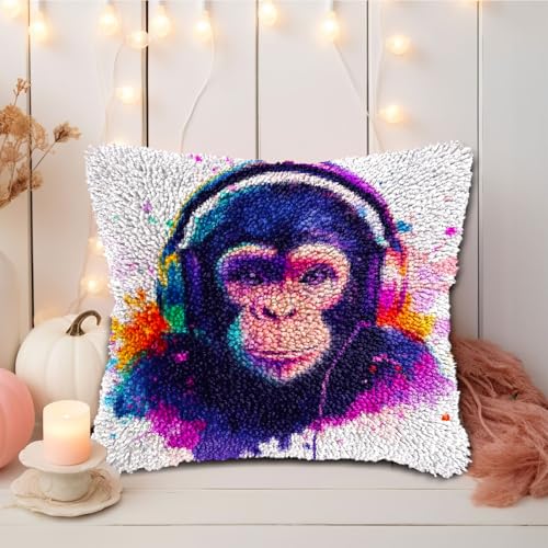 DIY Latch Hook Pillow Kits Watercolor Monkey Printed Pillowcase Crochet Yarns Hooking Handmade Pillow Cover Cushion for Home Sofa Decoration 17x17inch-1 - color: 07-Monkey