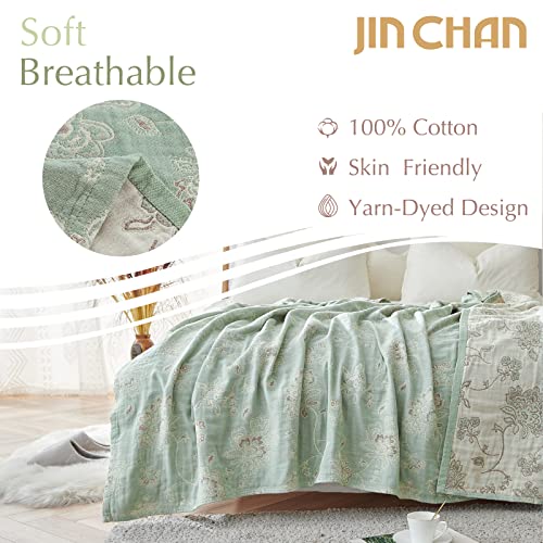 jinchan Boho 100% Cotton Muslin Queen Size 80x90 Inches Blanket Lightweight 4-Layer Quilted Soft Green and Beige Floral Throw Blanket Reversible Comfy Flower Rustic All Seasons Couch Bedroom Decor - color: Floral Green Beige, size: 80"x90"