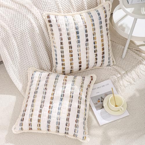 LUOYEHK Chenille Striped Throw Pillow Covers 18x18 Inch Set of 2 Boho Decorative Pillowcases with Fringe Farmhouse Neutral Cushion Covers for Couch Sofa Bed Living Room, Blue Brown - color: Blue Brown, size: 18" x 18" (Pack of 2)