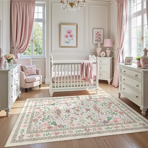 Deerly Floral Area Rugs 4x6 Washable Living Room Bedroom Carpet Vintage Boho Thin Non-Slip Soft Low Pile Floor Mat Indoor Home Decor for Dining Room Playroom Farmhouse, Beige/Light Pink/Multi - color: Beige/Light Pink/Multi, size: 4' x 6' (Rectangular)