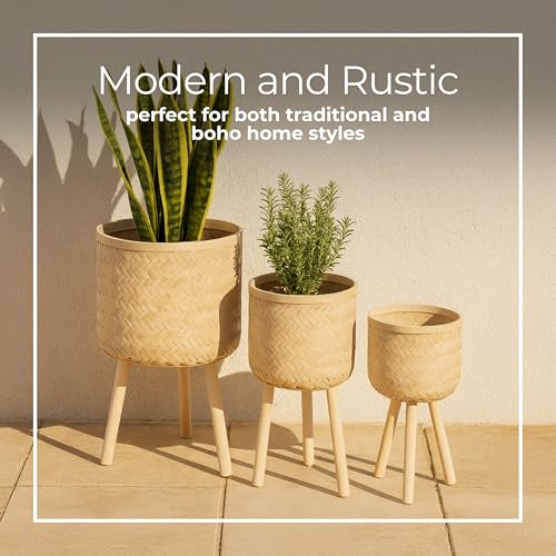 Set of 3 Decorative Planter Pots with Wooden Legs – Bamboo & Pine – Indoor & Outdoor Modern Plant Pot – Decorative Pots for Plants & Home Decor Planters – 22", 26", 30", White - color: Woven White, size: 26" H