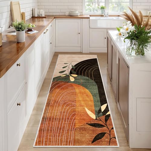 MUJOO Washable 2x6 Runner Rugs for Kitchen Hallway Bedside Bathroom Laundry Room Bedroom Floor,Boho Long Area Rug Non Slip Carpet Throw Rug Mid Century Modern Abstract Botanical Geometric Terracotta - color: Terracotta（modern）, size: 2' x 6' (Rectangular)