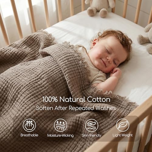 WDCOZY Muslin Throw Blanket 100% Cotton Blankets 4-Layer Breathable Lightweight Soft for Couch Boho Farmhouse Linen Tassels Ruffle Gauze Blankets 50x60 Inches Brown Mocha Chocolate Coffee Taupe - color: Mocha, size: Throw (50"x60")