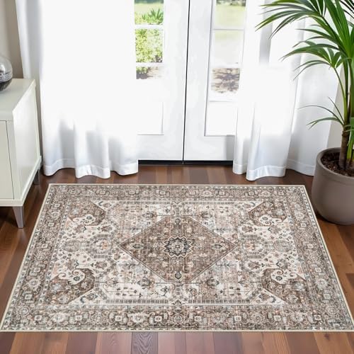 Washable 2x3 Entryway Area Rug: Vintage Non-Slip Backing Rugs for Kitchen Bathroom Water Resistant Carpet for Bedroom Soft Low Pile Front Door Mat for Dining Room 2x3 Brown - color: Brown, size: 2' x 3' (Rectangular)
