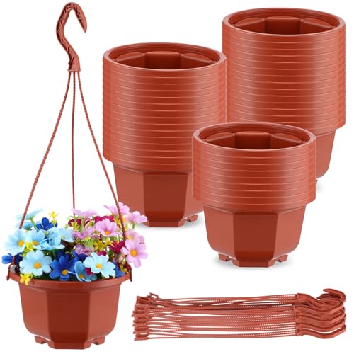 Roshtia 24 Pcs Hanging Plastic Planter Pot with Hook Flower Pots Baskets Hanging Nursery Planter Holder for Outdoor Indoor Plant Garden(Brown,6 Inch) - color: Brown, size: 6 Inch