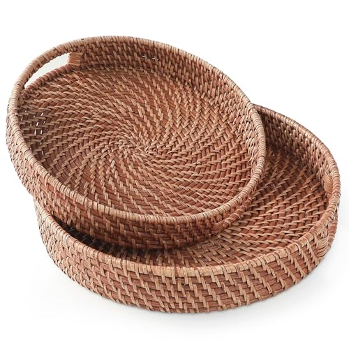 HITOMEN Hand-Woven Round Rattan Serving Tray Decorative Ottoman Wicker Platter with Handles for Coffee Table, Breakfast, Drinks, Snack, Bread, Fruit, Vegetables (Honey Brown Set of 2: M+L) - color: Honey Brown, size: Medium (11.8 inches)/Large (14.2 inche