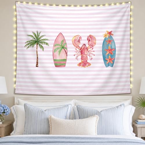 SkyCozy Pink Surf Coastal Beach Wall Tapestry,Surf Board Room Decor, Summer Coastal Preppy Trendy Retro East Coast Coquette Surfboard Crawfish Tapestry Decor for Girls Room College, 50x60 Inch - color: 01- Surf Coastal Tapestry(Pink)