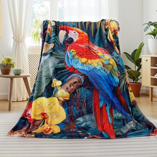 Parrot Bird Throw Blanket Gifts for Women Tropical Floral Plant Blankets Animal Macaw Print Bed Blanket Soft Cozy Flannel Fleece Throw Blanket for Couch Bed 50” x 60” - color: Parrot, size: 50" X 60"