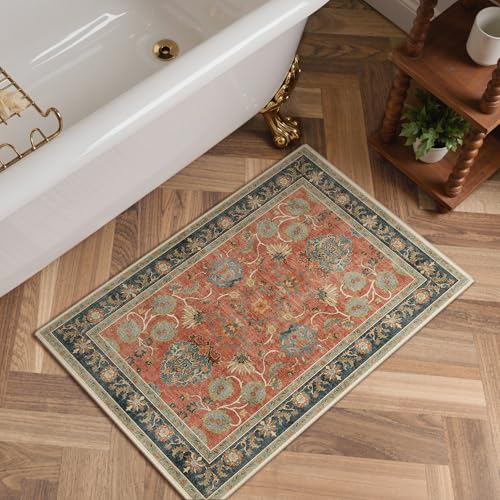 Bavni 2x4 Washable Entryway Rug, Vintage Distressed Accent Door Mat Non Slip, Low Pile Soft Coral Red Blue Carpet Stain Resistant, Small Thin Floral Area Rugs for Bathroom, Laundry, Kitchen, Nursery - color: Coral Blue, size: 2' x 4' (Rectangular)