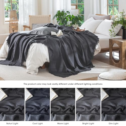 MooMee Muslin Blanket - 100% Cotton 4-Layer Gauze Throw Blanket with All-Around Fringe, Soft Breathable Lightweight Cooling Summer Blankets for Bed Couch (Dark Grey,Oversize Queen 98" x 98") - color: Dark Grey, size: Oversize Queen