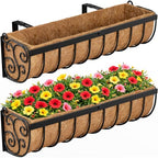 VOXOR Railing Planter Boxes, 24 Inch Window Boxes Planters, Balcony Planters with Adjustable Brackets & Coco Liner for Outdoor Fence, Deck, Porch, and Patio Gardening, 2 Pack - size: 24 Inch