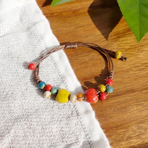 Handmade Green Boho Bracelets for Women, Bohemian Ceramic Beads Bracelets for Friends, Trendy Porcelain Stone Beaded Bracelets for Sisters - color: Colorful