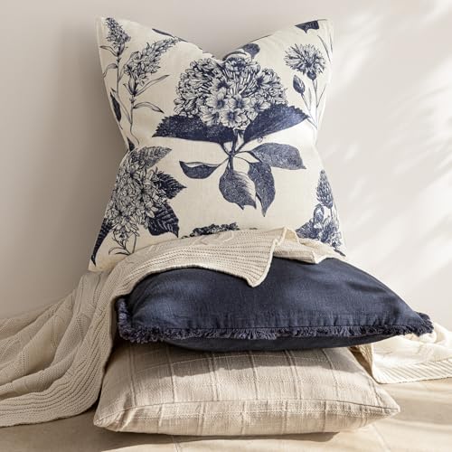Foindtower Set of 2 Linen Floral Vintage Throw Pillow Covers Neutral Accent Print Decorative Cozy Cushion Covers Farmhouse Boho Home Decor for Sofa Chair Couch Bed Living Room,18×18 Inch,Navy Blue - color: Navy Blue, size: 18" x 18" (Pack of 2)